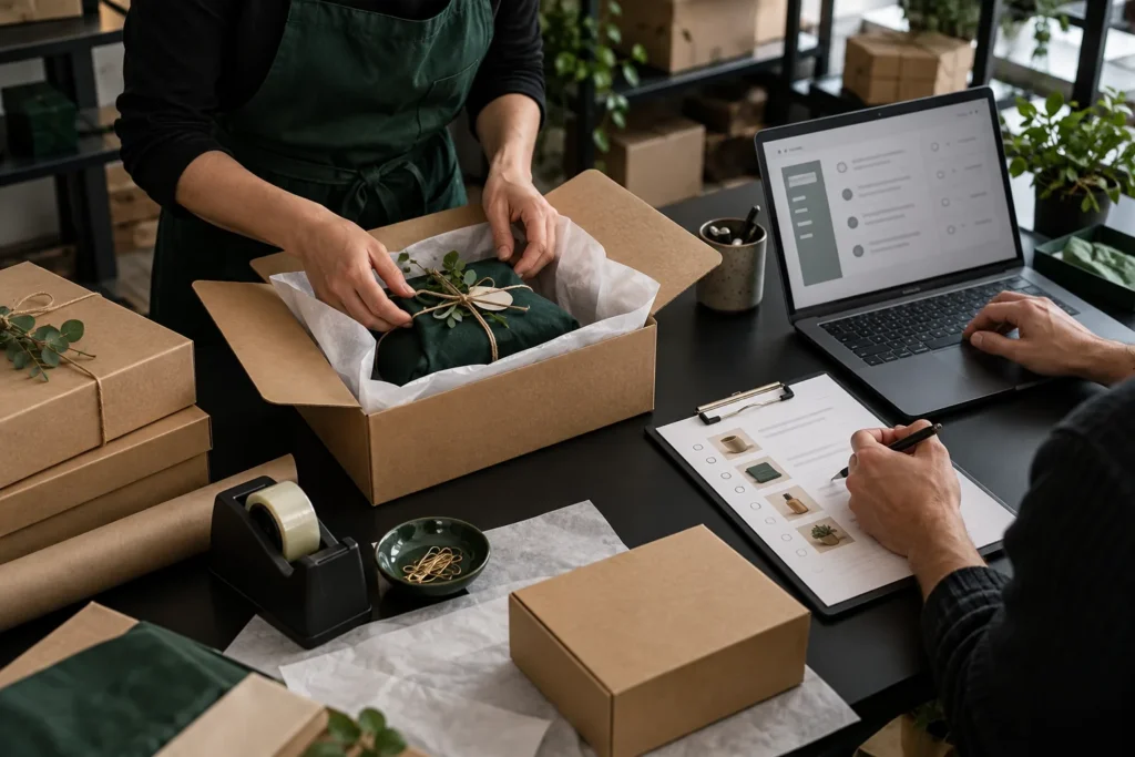 Small ecommerce team packing a customer order