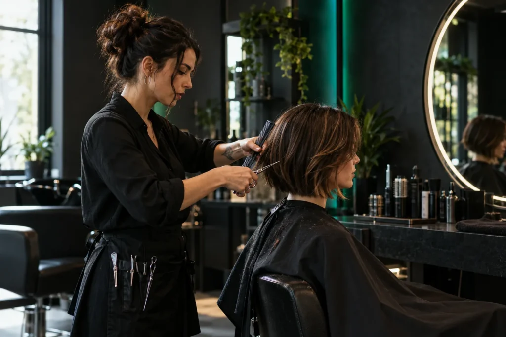 Hairdresser cutting a client’s hair in a modern salon