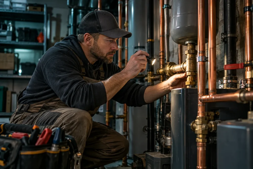 Plumber inspecting copper pipes in a utility room
